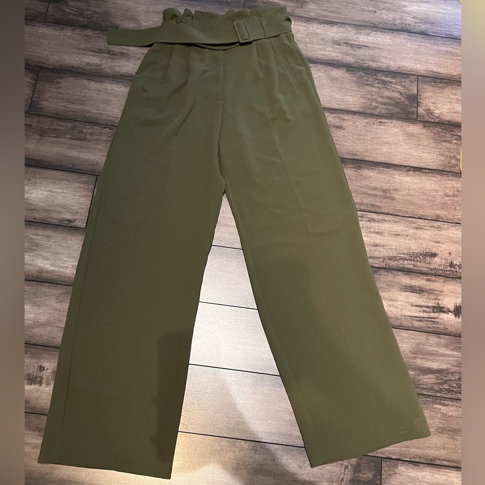 ARITZIA Wilfred Olive Green High-Waisted Wide Leg Belted Pants